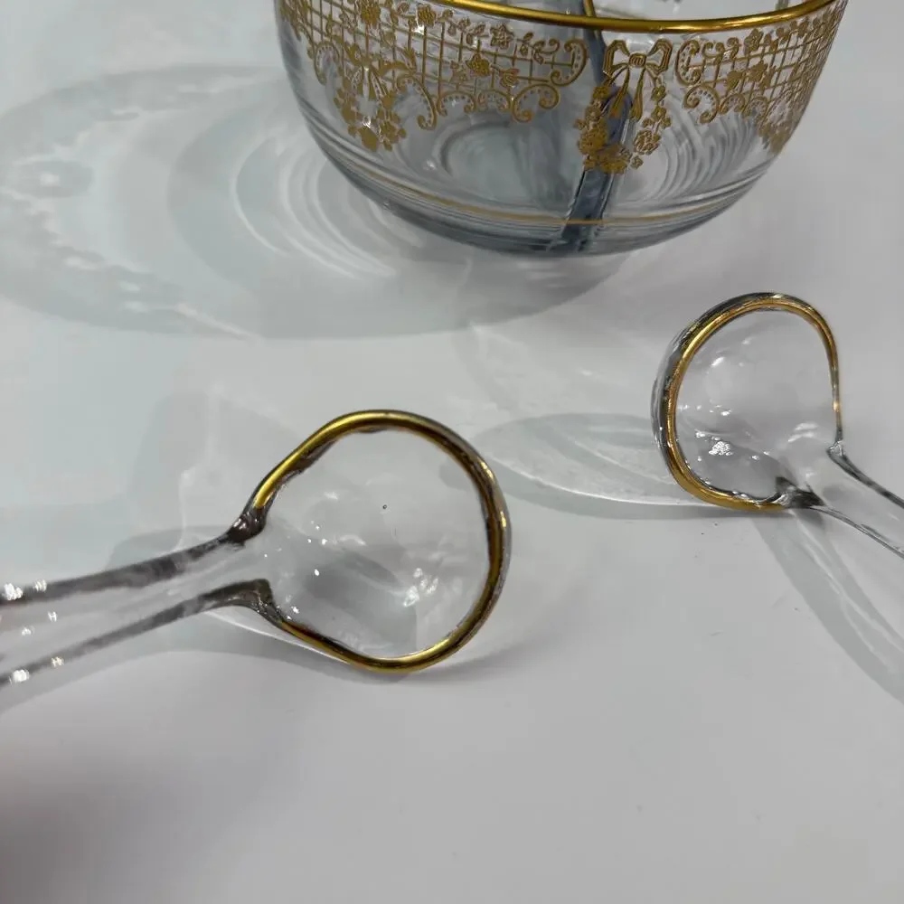 Glass Bowl and 2 Serving Spoons Gold Inlay Floral Divided Serving 3 x 6